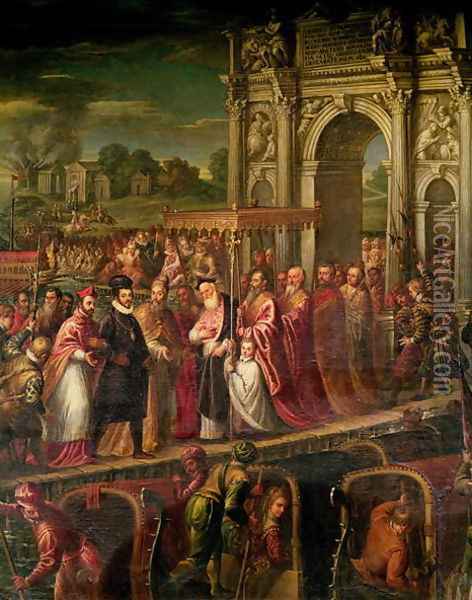 King Henri III 1551-89 of France visiting Venice in 1574, escorted by Doge Alvise Mocenigo 1570-77 and met by the Patriarch Giovanni Trevisan, from the Room of the Four Doors Oil Painting - Andrea Michieli (see Vicentino)