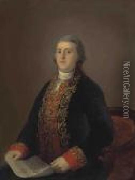 Portrait Of Don Juan Lopez De 
Robredo, Embroiderer To King Carlos Iv Of Spain, Seated, Half-length Oil Painting - Francisco De Goya y Lucientes