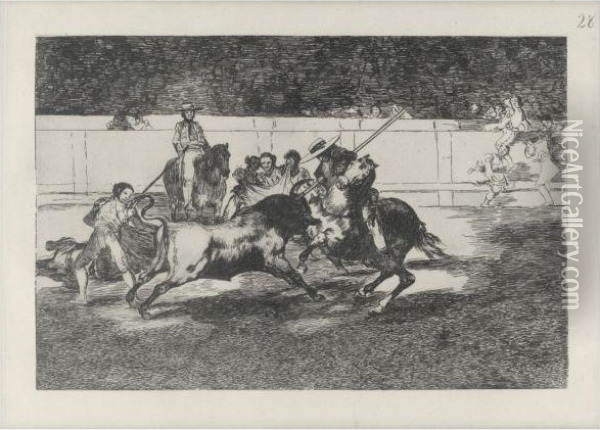 El Diestrisimo Estudiante De Falces, Embozado Burla Al Toro Consus Quiebros Oil Painting - Francisco De Goya y Lucientes