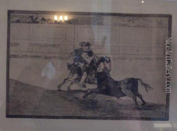 Un Caballero Espanol En Plaza Quebrando Rejoncillos Sin Auxilio Delos Chulos Oil Painting - Francisco De Goya y Lucientes