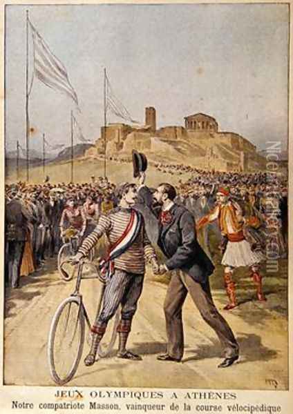 Paul Masson winner of 3 gold medals in cycling events at the 1896 Olympics in Athens illustration from Le Petit Journal 26th April 1896 Oil Painting - Henri Meyer