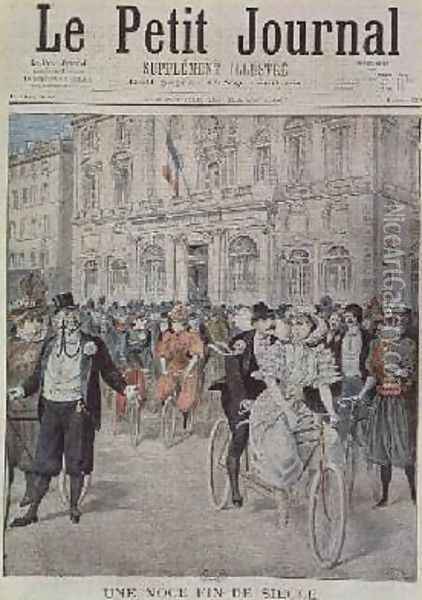 A Wedding on a Bicycle front cover illustration from Le Petit Journal 5th March 1897 Oil Painting - Henri Meyer