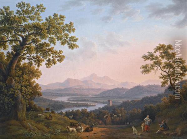 A View Along The Valley Of The 
River Tiber Towards Poggio Mirteto, And Beyond The Sabine Mountains Lit 
Up By The Evening Sun Oil Painting - Jacob Philipp Hackert