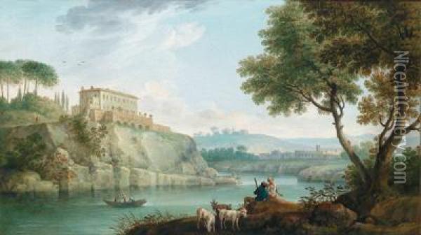 Paesaggio Fluviale Meridionale Con Villa In Collina E Pastori Oil Painting - Jacob Philipp Hackert