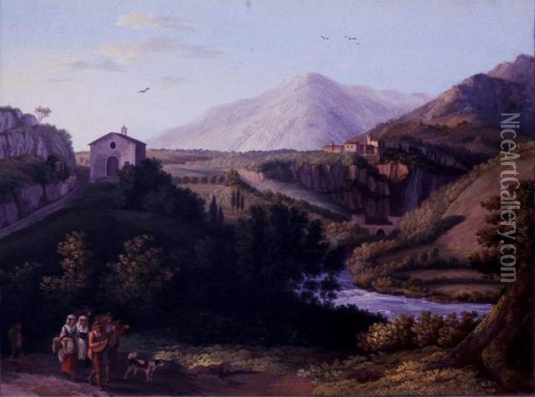 An Extensive Landscape With A 
View Of The Valerian Way And The Convent Of San Cosimato In The Distance Oil Painting - Jacob Philipp Hackert