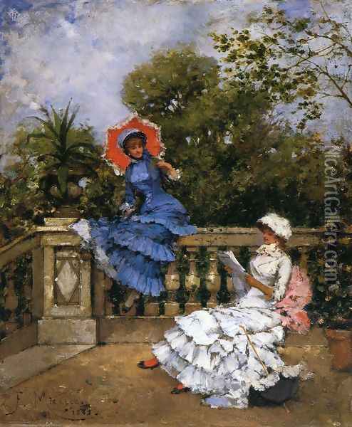 Two Ladies Conversing on a Terrace Oil Painting - Francisco Miralles Galup