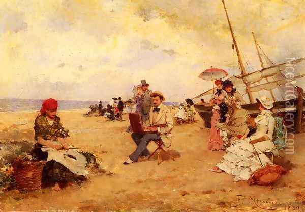 The Artist Sketching On A Beach Oil Painting - Francisco Miralles Galup