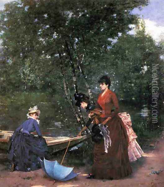 Three Parisian Women in the Bois de Boulogne Oil Painting - Francisco Miralles Galup