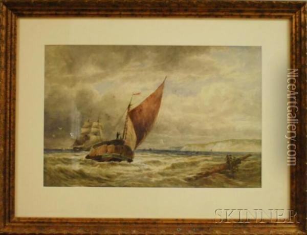 Boats Off The Coast. Oil Painting - Thomas Bush Hardy