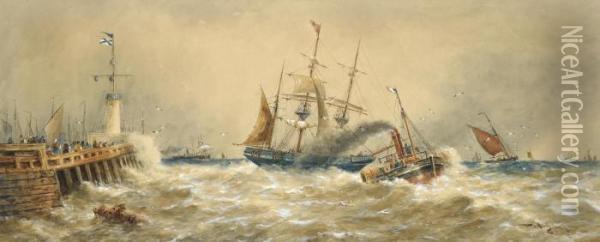 A Pilot Tug Towing A Three-master Out Of The Harbour At Calais Oil Painting - Thomas Bush Hardy