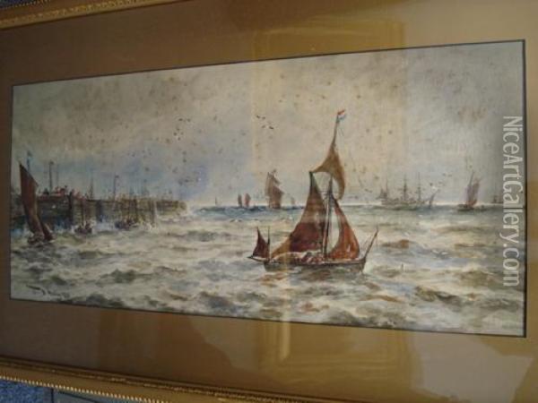 Fishing Vessels Leaving Harbour Oil Painting - Thomas Bush Hardy