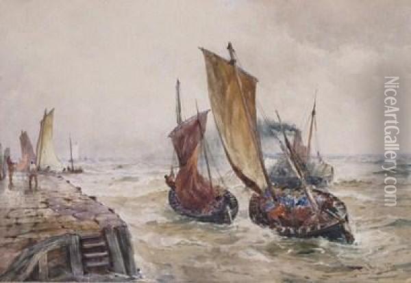 Fishing Boats And A Paddle Steamer Leaving Harbour Oil Painting - Thomas Bush Hardy