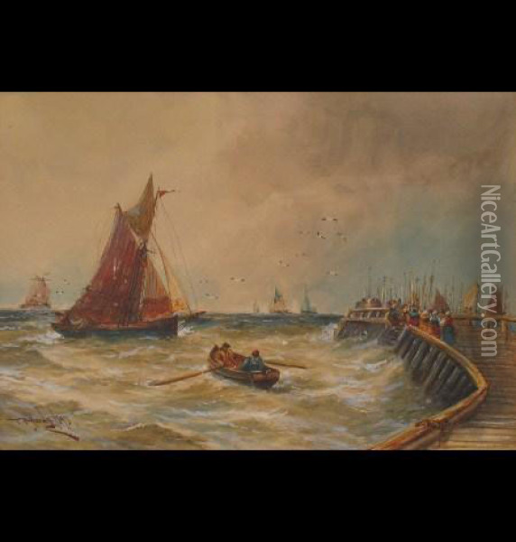 Calais Pier With Figures And Shipping Oil Painting - Thomas Bush Hardy
