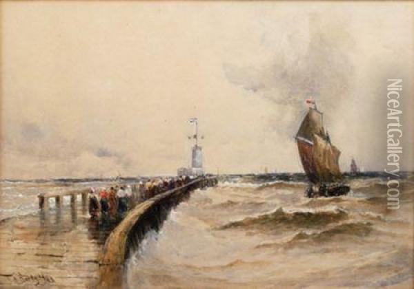 Figures On A Jetty With Fishing Boats Leaving Harbour Oil Painting - Thomas Bush Hardy