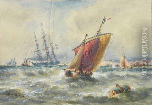 Coastal Scene With Shipping Oil Painting - Thomas Bush Hardy