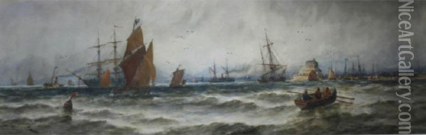 Sailing Vessels In Coastal Waters Oil Painting - Thomas Bush Hardy
