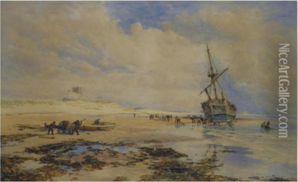 Sailors Salvaging A Wreck Below Banborough Castle Oil Painting - Thomas Bush Hardy