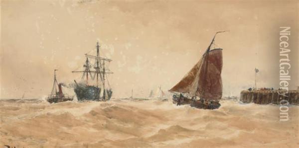 Bringing In A Disabled Ship Off The Dutch Coast Oil Painting - Thomas Bush Hardy