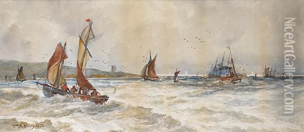 Fishing Boats And A Paddle Steamer Offreculver. Watercolour, Signed And Dated 1878. Oil Painting - Thomas Bush Hardy