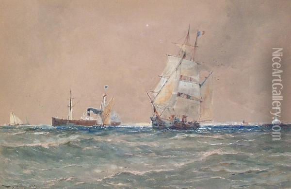A Steam Boat And Sailing Ships Leaving Port Oil Painting - Thomas Bush Hardy