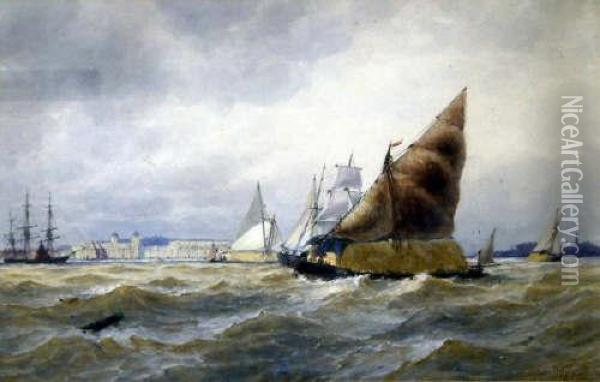 'off Greenwich' Signed And Dated 1865 12.25 X 19.25in Oil Painting - Thomas Bush Hardy