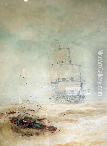French Warship. Oil Painting - Thomas Bush Hardy