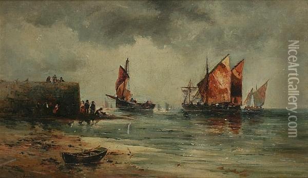 Coastal Scene With Fishing Boats And Figures By A Jetty Oil Painting - Thomas Bush Hardy