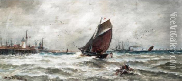 A French Trawler Running Into Harbour Oil Painting - Thomas Bush Hardy