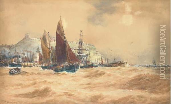 The Scarborough Fishing Fleet Heading Out Oil Painting - Thomas Bush Hardy