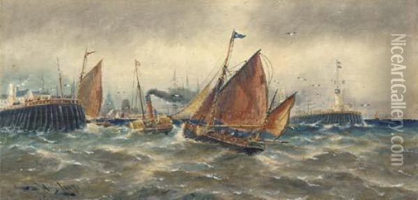 Off Gravesend; And A Bustling Port Oil Painting - Thomas Bush Hardy