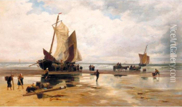Boats On A Dutch Beach Oil Painting - Thomas Bush Hardy