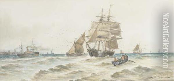 A Trading Brig, Steamer And Other Shipping In Coastal Waters Oil Painting - Thomas Bush Hardy