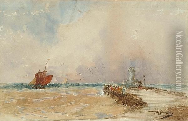 Fishing Vessels Off A Pier Oil Painting - Thomas Bush Hardy