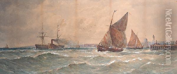 Fishing Boats And Other Vessels Leaving Port Oil Painting - Thomas Bush Hardy