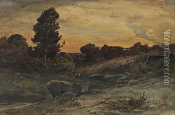 Vallee Avec Rochers, Chemin Et Chaumiere Oil Painting - Henri-Joseph Harpignies