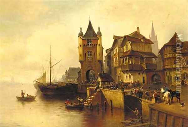 A busy Dutch port Oil Painting - Wilhelm Alexander Meyerheim