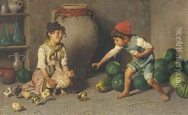 Children playing with a mother hen and her chicks Oil Painting - Federico Mazzotta