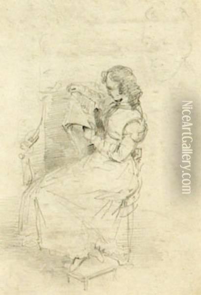Study Of A Seated Woman Reading A Newspaper Oil Painting - Sir George Hayter
