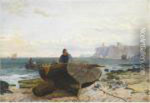 A Fisherman On The Beach, Tynemouth Castle Beyond Oil Painting - Charles Napier Hemy