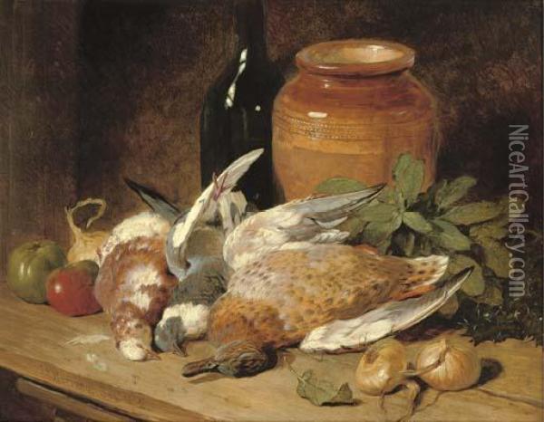 Still Life Of Dead Birds, Fruit, Vegetables, A Bottle And A Jar Oil Painting - John Frederick Herring Snr