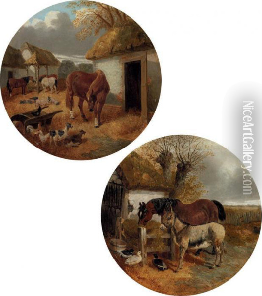 A Donkey, A Horse And Poultry In A Farmyard Oil Painting - John Frederick Herring Snr