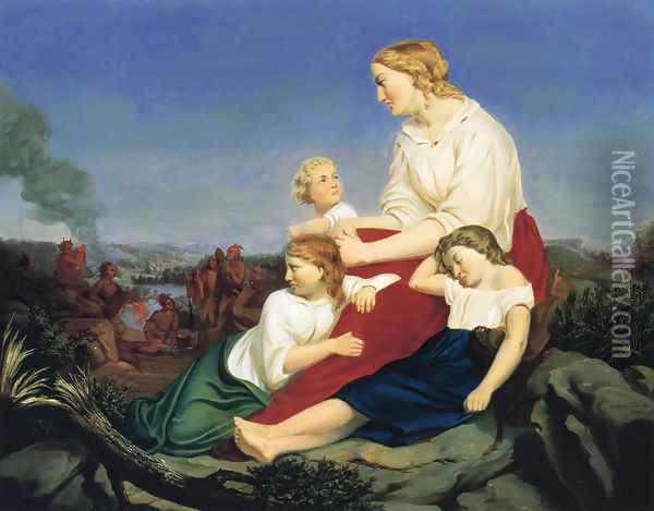 Woman and Children, with Indian Massacre in the Background Oil Painting - Trevor McClurg