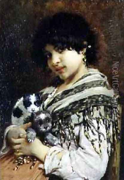 Gypsy Girl with Two Puppies Oil Painting - Wilhelm Johannes Maertens