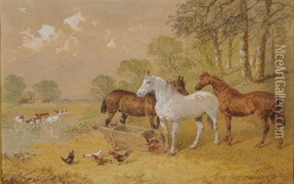 Horses By A Pond. Oil Painting - John Frederick Herring Snr