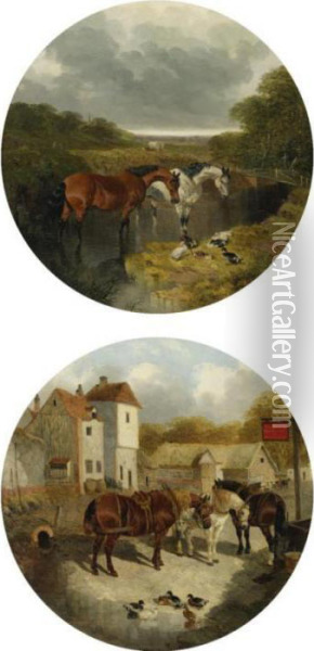 Horses Watering And Horses Outside The Boot Inn (a Pair) Oil Painting - John Frederick Herring Snr