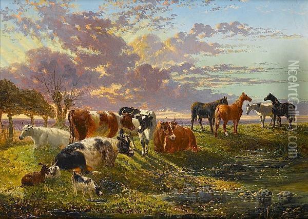 Cattle, Goats And Horses Beside A Stream At Sunset Oil Painting - John Frederick Herring Snr