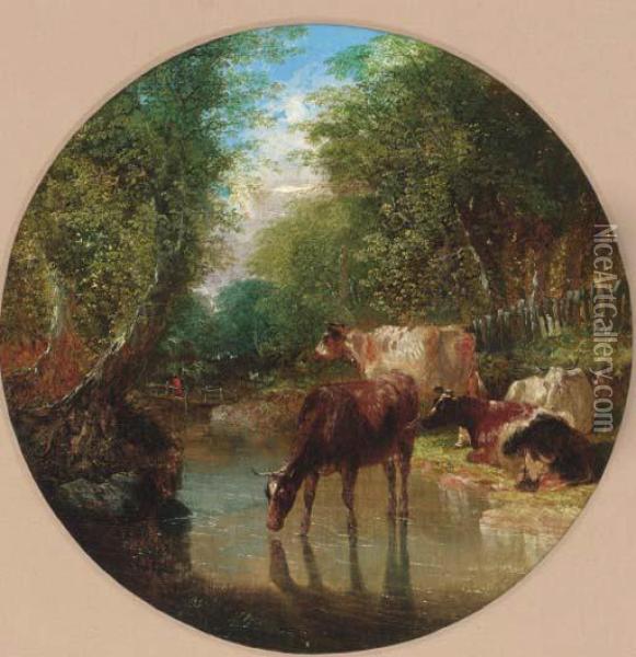Cattle Watering In A Wooded Landscape Oil Painting - John Frederick Herring Snr