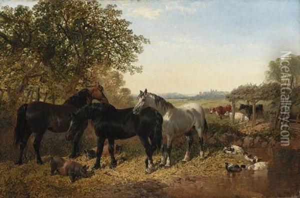 Horses, Pigs, Ducks And Cattle By A Farmyard Pond Oil Painting - John Frederick Herring Snr