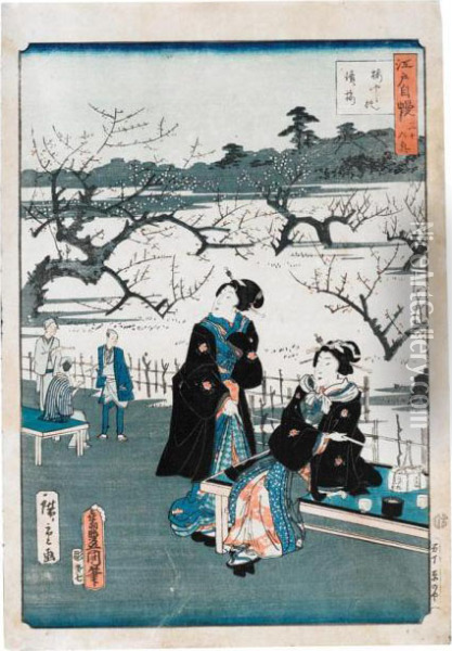 Edo Scene With Ladies Oil Painting - Utagawa or Ando Hiroshige