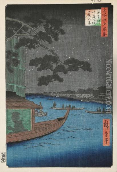 The Pine Of Success, Andoumayagashi On The Asakusa River Oil Painting - Utagawa or Ando Hiroshige